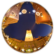 Kugelbild Stadtturm mit Winterbeleuichtung